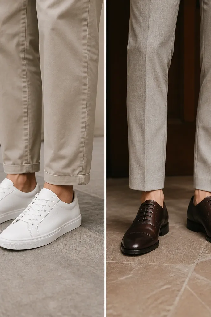 Two outfit shots focusing on footwear: the before has clean white low-top sneakers, the after has black or espresso leather oxford shoes with traditional laces and a slimmer profile.