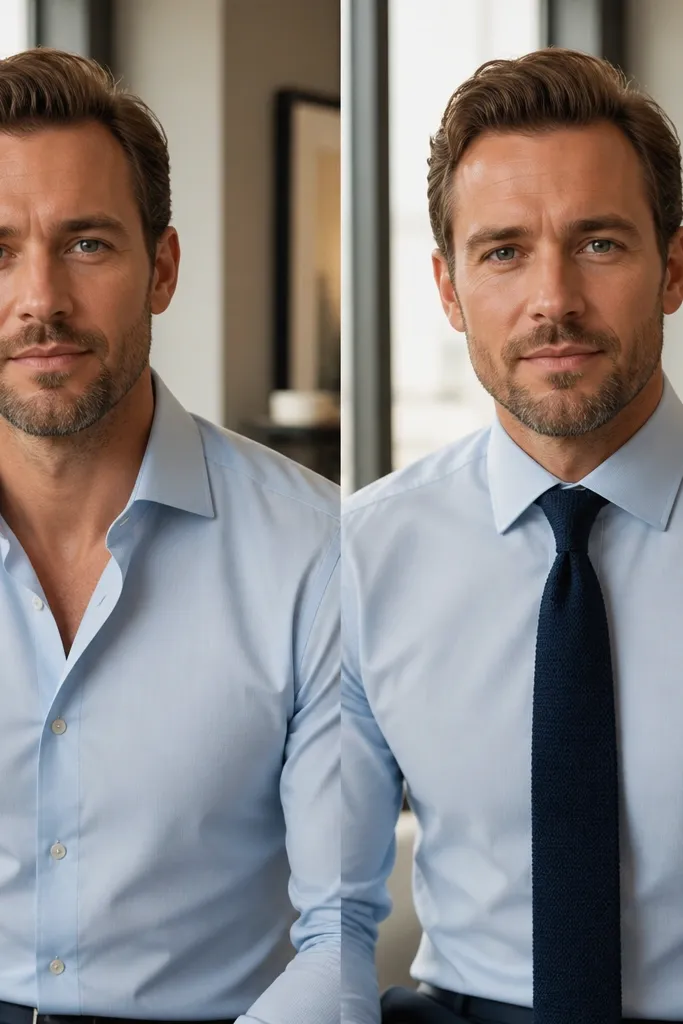 Upper-body photos: before has an open collar with no tie, after has a navy knit tie with a slight texture and the collar buttoned neatly.