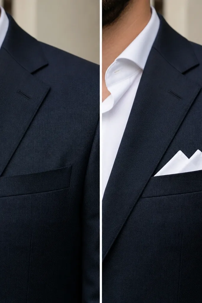 Jacket chest close-up: before shows no pocket square, after shows a white pocket square with a crisp fold peeking above the pocket line.