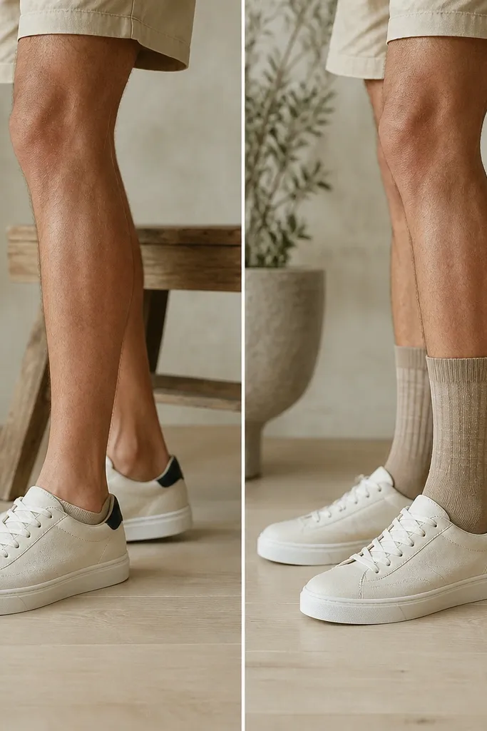 Knee-to-shoe photo: before socks are low-cut and barely visible, after socks are mid-calf in a matching tone with a subtle pattern.