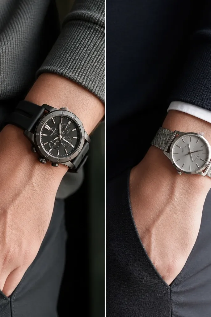 Hand and wrist close-up: before shows a large, casual watch with a dark rubber band, after shows a slimmer metal watch with a simple face and a clean strap.