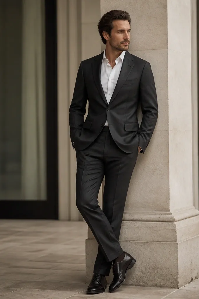 A charcoal two-piece suit with a white dress shirt and no tie. The shirt collar is spread and crisp, the suit jacket is buttoned, and the trousers have a clean break over dark leather shoes.