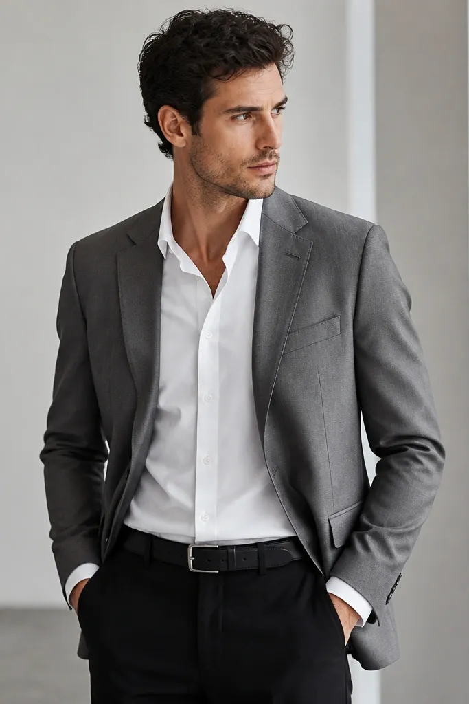 A mid-grey blazer worn with black trousers, a white button-down shirt, and a black belt. The outfit is styled with minimal accessories; lighting is neutral and the colors look crisp.