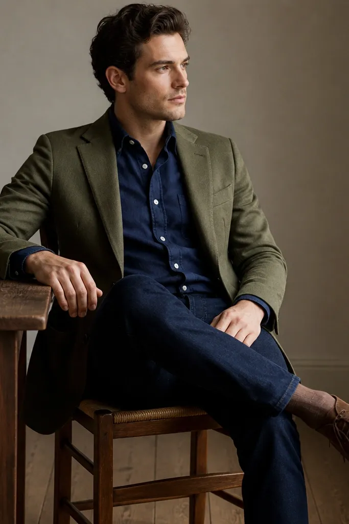 An olive blazer paired with a navy oxford cloth button-down. The shirt has visible texture and subtle contrast, with dark denim-like trousers and brown suede shoes.