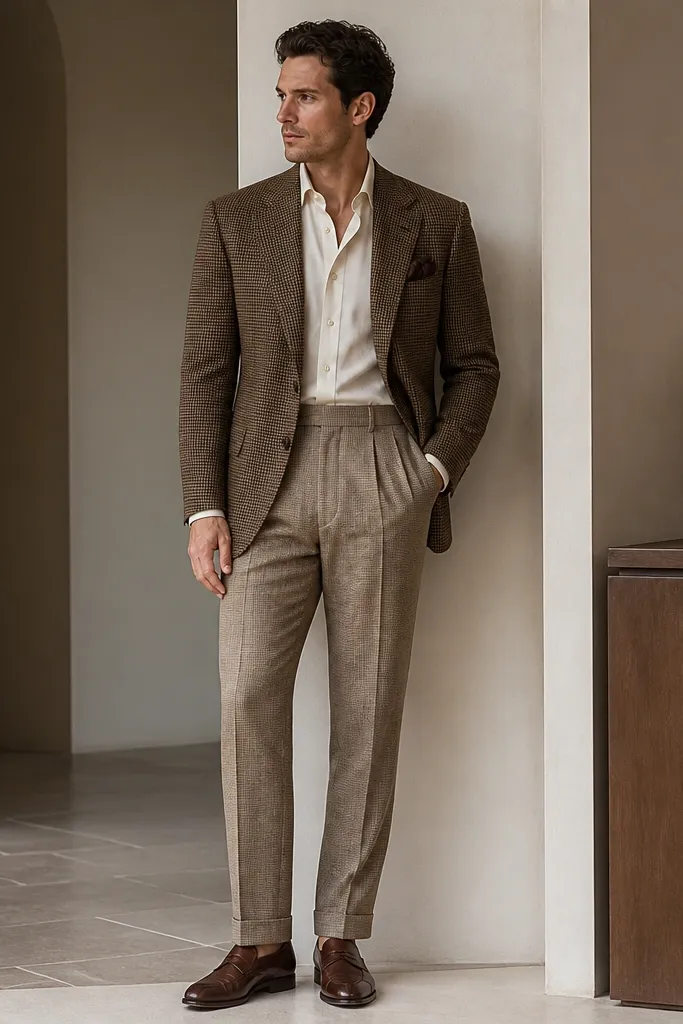 A jacket and trousers that are not the exact same pattern scale but still share a similar tone. The jacket is slightly darker than the trousers, and the outfit is styled with a light shirt and brown shoes.