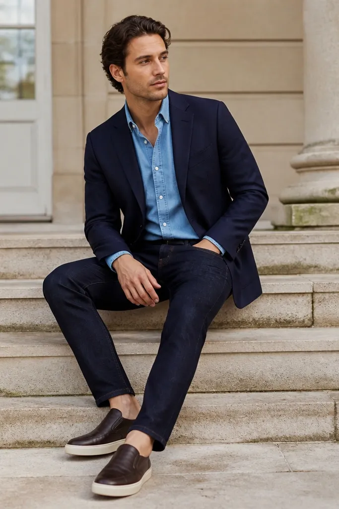 A light blue chambray button-down under a navy blazer with dark indigo denim jeans. The denim has minimal fading, and the shoes are clean leather sneakers or loafers.