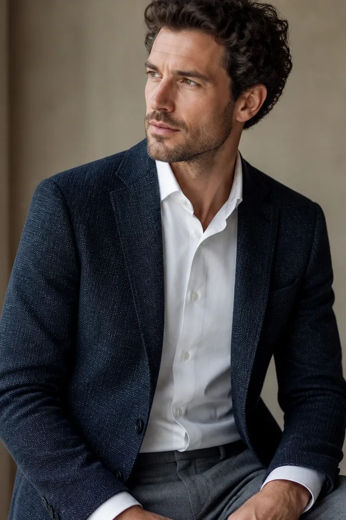A crisp white dress shirt under a textured blazer, styled with no tie. The collar is neat, the shirt cuffs peek slightly, and the jacket has subtle weave visible.