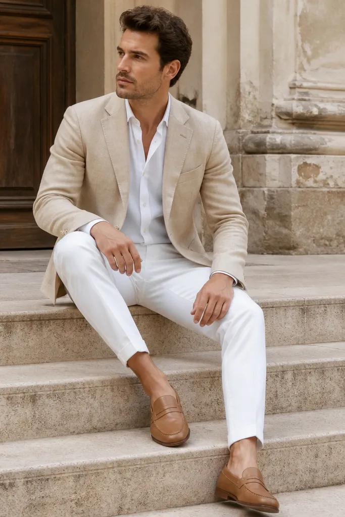 A light tan blazer with a white shirt and white trousers. The outfit is styled with tan leather loafers; the fabric looks breathable and the colors are bright but not neon.