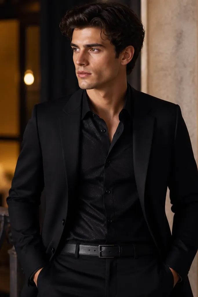 A black blazer worn with a black dress shirt, with subtle fabric texture on the shirt. The outfit includes black trousers and a matte black belt, styled for evening lighting.