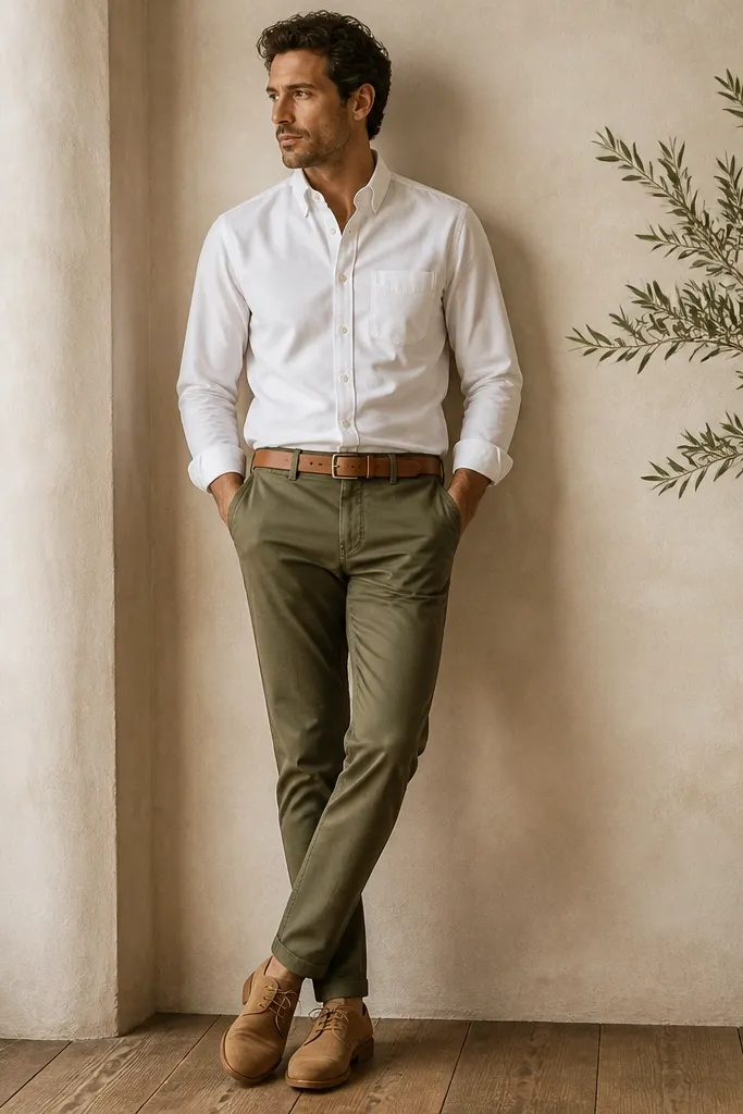 A man wearing a crisp white button-down tucked into olive chinos, with a tan leather belt and tan suede-look shoes. The outfit is styled with a neutral cardigan-less silhouette.