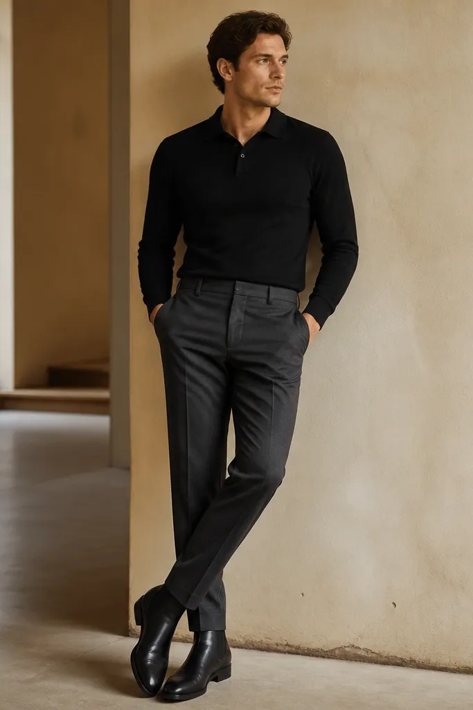 A man in a black fitted knit polo (no loud logos) tucked into dark grey tapered trousers, wearing black Chelsea boots. The look shows clean seams and a neat hem.