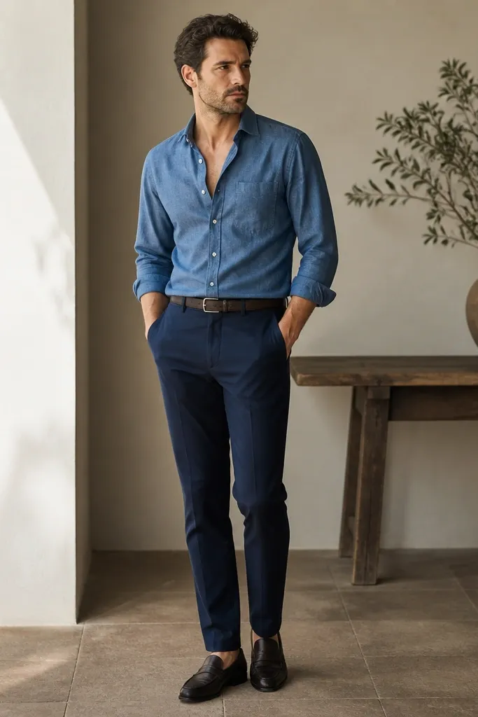 A man in a chambray button-up worn slightly open at the collar, tucked into navy chinos with a minimal brown leather belt. He’s wearing dark loafers.