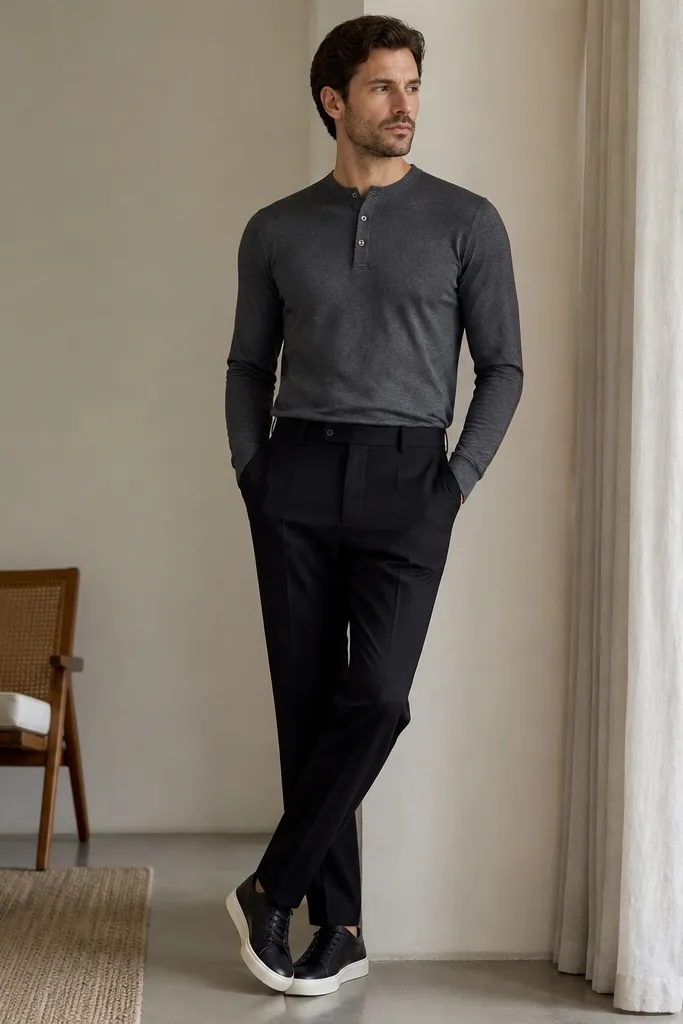 A man wearing a charcoal long-sleeve henley tucked into black trousers, with low-profile black-and-white sneakers. The henley buttons are closed neatly.