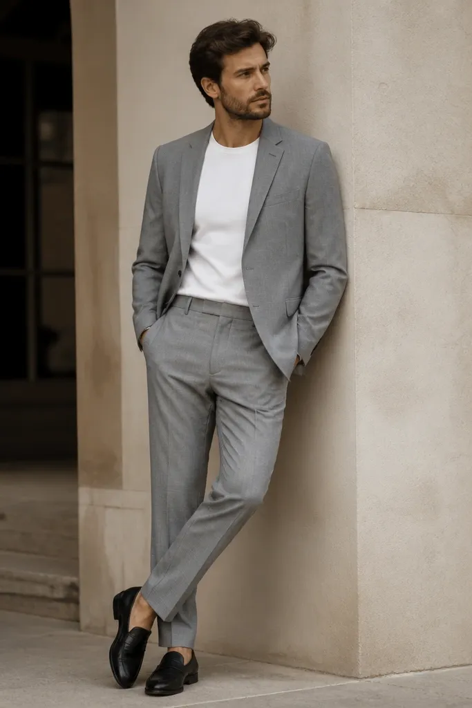 A man wearing grey suit trousers with a matching light grey blazer-like jacket, styled with a fitted white crewneck tee underneath. He wears black leather loafers.