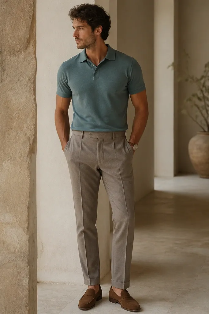A man in a muted teal polo tucked into textured taupe trousers, wearing suede loafers in a warm brown tone.