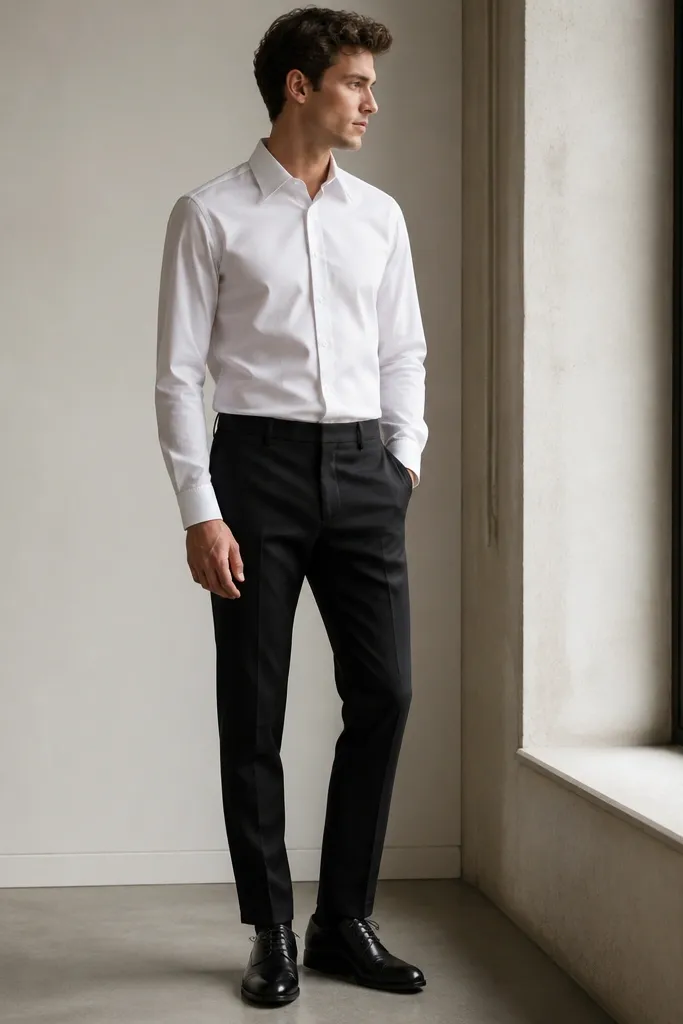 A man wearing a white poplin dress shirt tucked into black slim trousers, paired with black derby shoes. The shirt collar is crisp and the cuffs are buttoned.