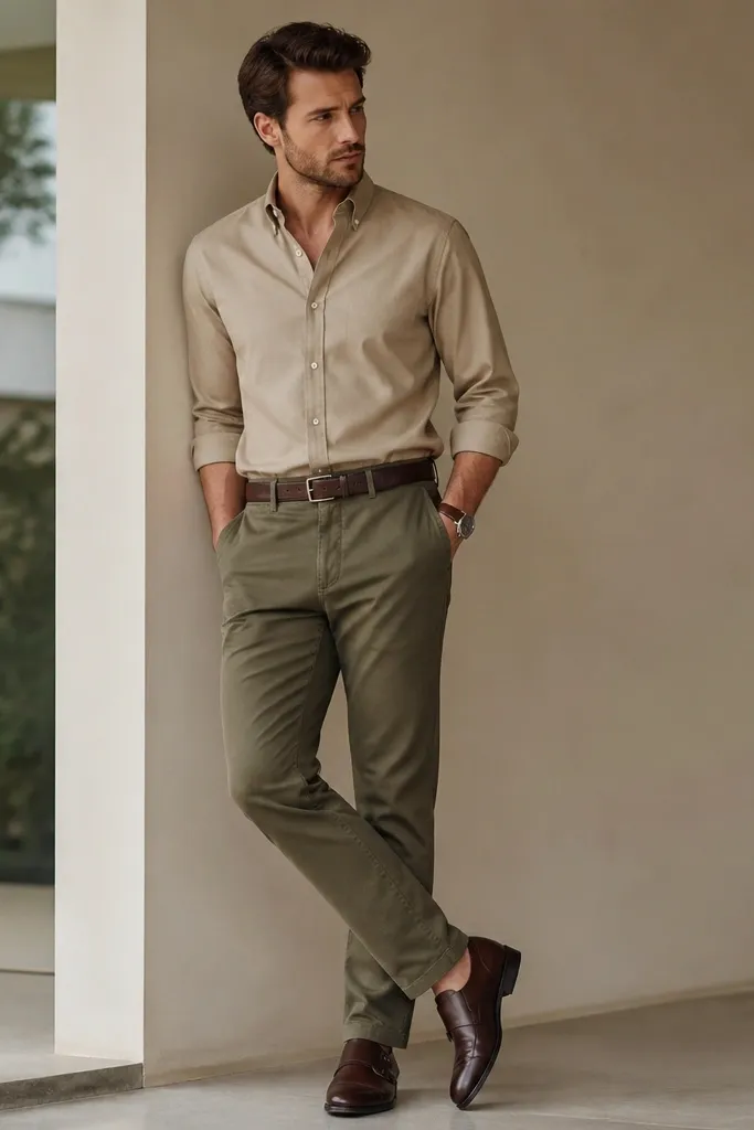 A man wearing a twill button-down in light tan, tucked into olive chinos, with dark brown monk strap shoes. A watch and belt match the shoe tone.