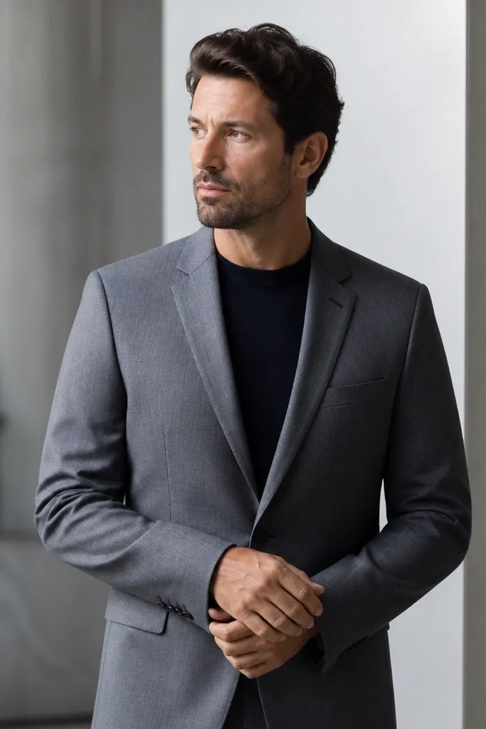 A man in a medium-gray suit jacket with sleeves pulled down; his watch is fully covered and the cuffs look hidden behind his hand.