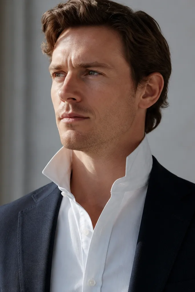 A man wearing a white button-down under a blazer; the collar points curl upward and the collar stand looks overly rigid, creating gaps near the throat.
