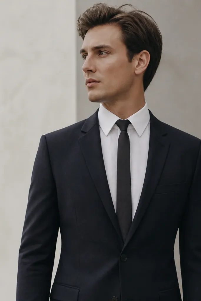 A man wearing a medium-width tie with a slim lapel blazer; the tie looks skinny and the knot sits too high.