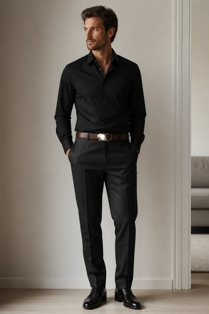 A man wearing black shoes with a brown belt; the belt has a glossy buckle that reflects strongly under indoor lighting.