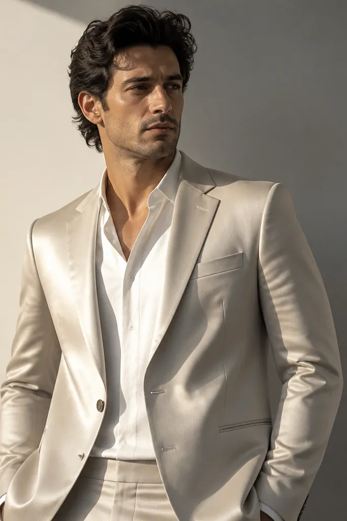 A man in a light-beige blazer that reflects harsh light; the fabric looks glossy and shows strong highlights in the chest area.
