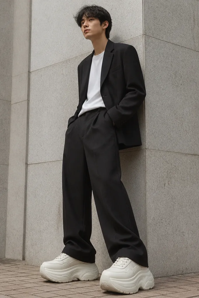 A man wearing very thick-soled sneakers styled under a blazer; the shoes dominate the outfit and the toe looks rounded and sporty.
