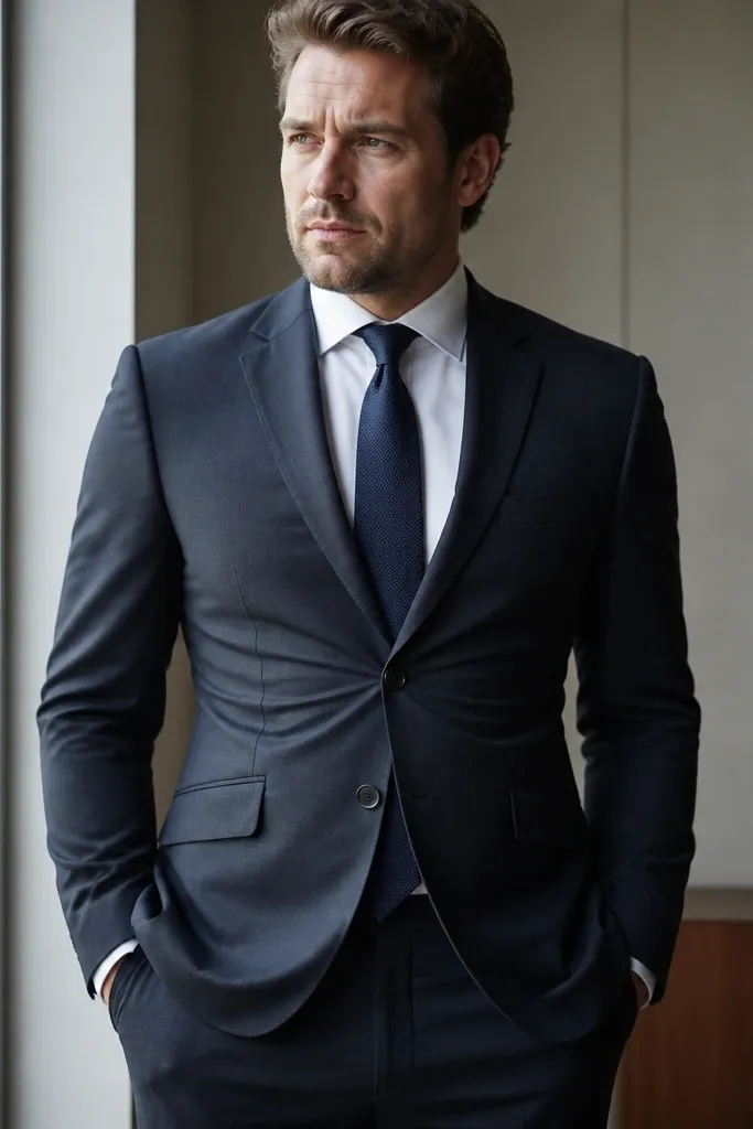 A man wearing a two-button blazer; both buttons are fastened and the jacket pulls tight across the waist, creating horizontal tension lines.