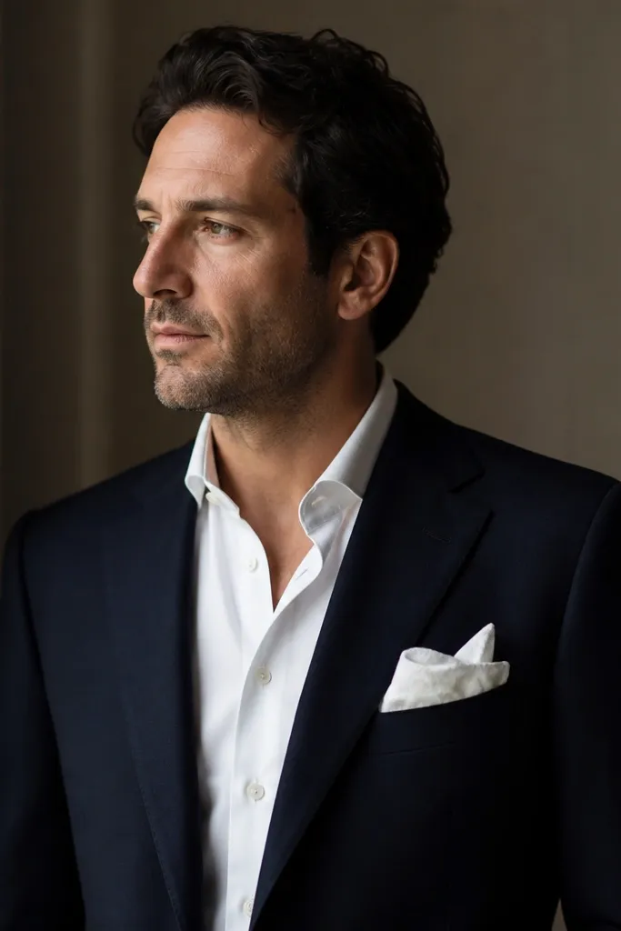 A man with a white pocket square that looks wrinkled and unevenly folded; edges stick out and the fold is lopsided.