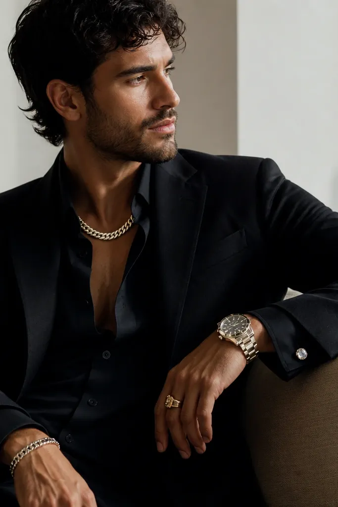 A man wearing a blazer with multiple visible accessories: a chunky chain, bold cuff links, and a large watch; everything catches the light at once.