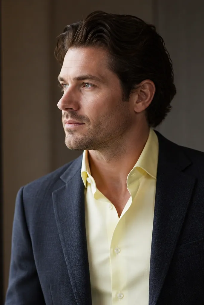 A man in a pale yellow shirt under a blazer; under warm indoor lighting, the shirt looks almost neon and the skin tone looks washed out.