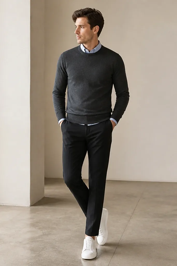 A charcoal crewneck sweater layered over a pale blue dress shirt, sleeves neatly visible at the cuffs, with black trousers and clean white leather sneakers.