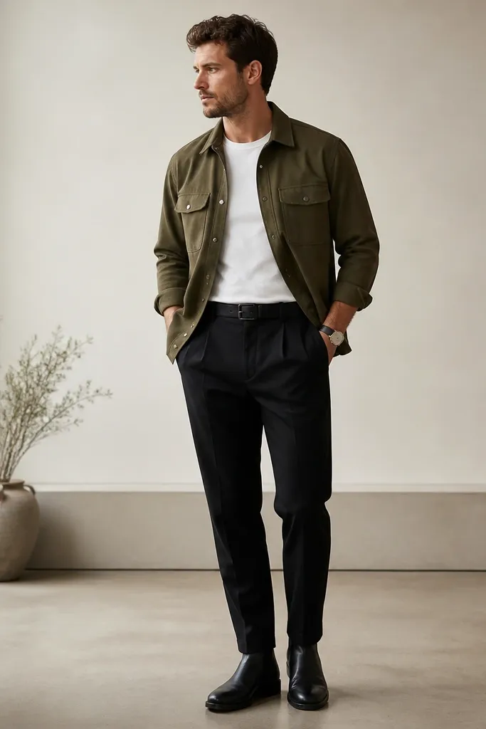 An olive utility-style overshirt worn open over a plain white tee, paired with black tapered trousers and black Chelsea boots; neutral belt and minimal watch.