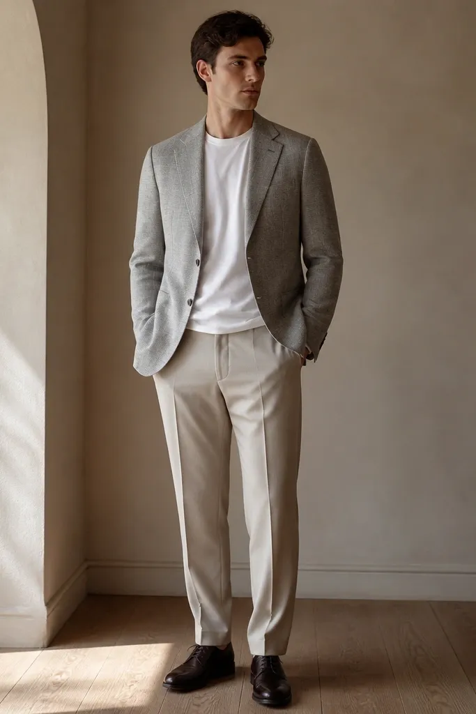A light grey jacket with a subtle texture, worn with a white crewneck tee inside, paired with soft beige trousers and dark leather derbies.