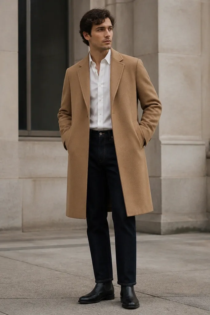 A camel overcoat over a white dress shirt, paired with dark indigo denim with a sharp hem break, and black minimalist boots.