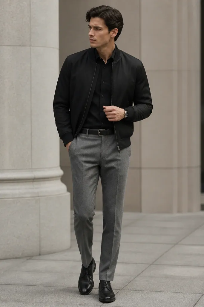 A structured black bomber jacket worn over a black shirt, paired with medium grey wool trousers and black leather lace-up shoes; sleek watch and belt.