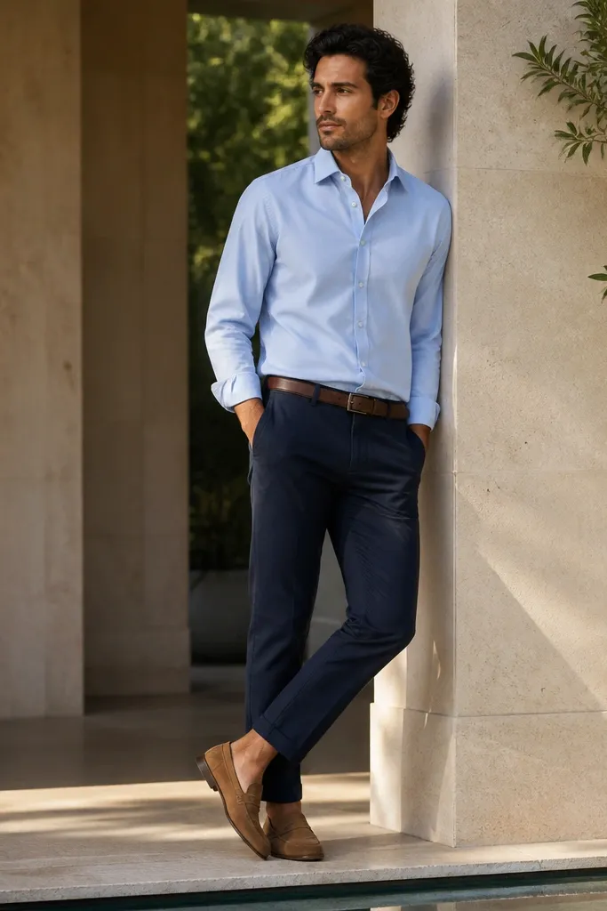 A powder blue button-down shirt tucked into navy chinos, with a light brown suede loafer and a slim brown belt; no tie.