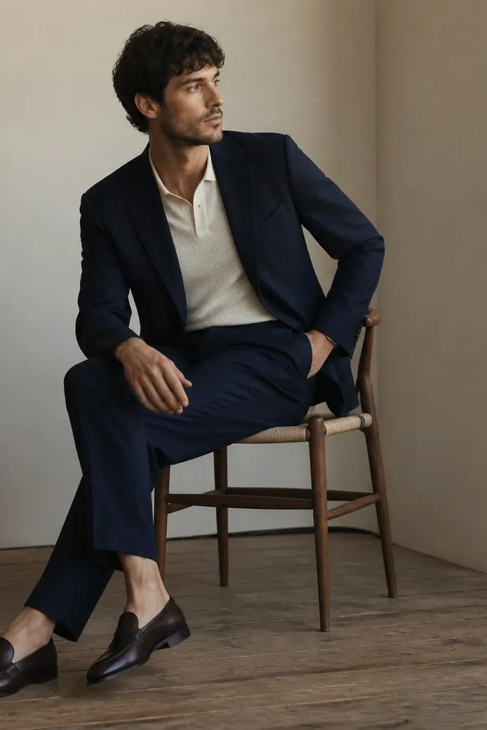 A cream knit polo under a navy blazer, paired with matching navy trousers and dark brown loafers; minimal jewelry and no tie.