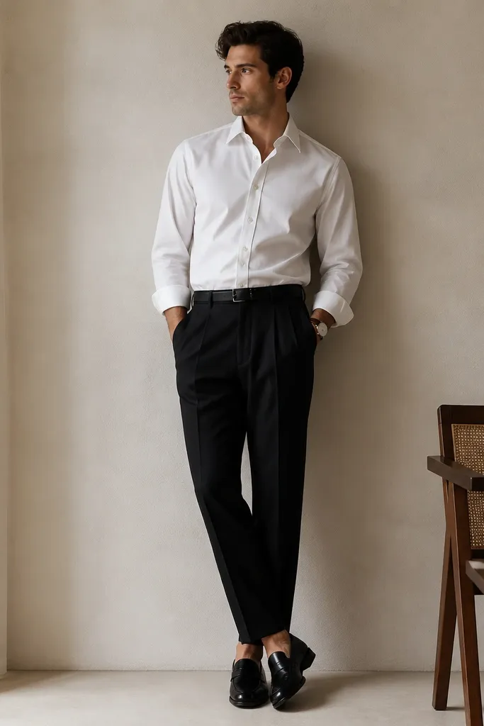 A crisp white poplin shirt tucked into black pleated trousers, paired with glossy patent leather loafers; a sleek black belt and minimal watch.
