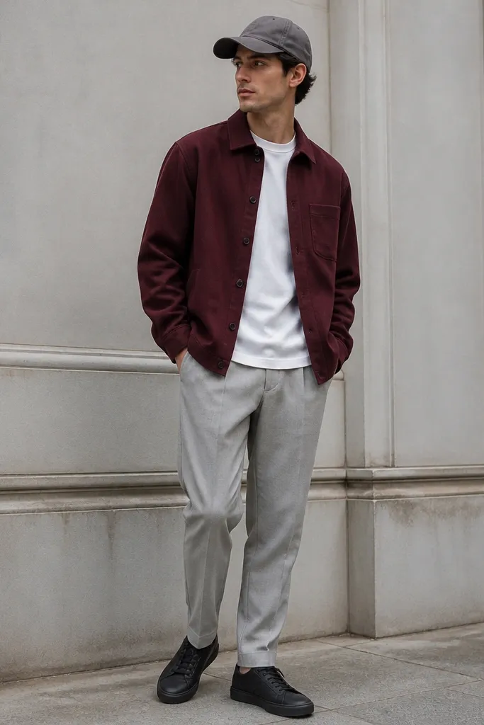 A burgundy overshirt over a plain white tee, paired with light grey trousers and dark minimal sneakers; clean silhouette and neutral cap.
