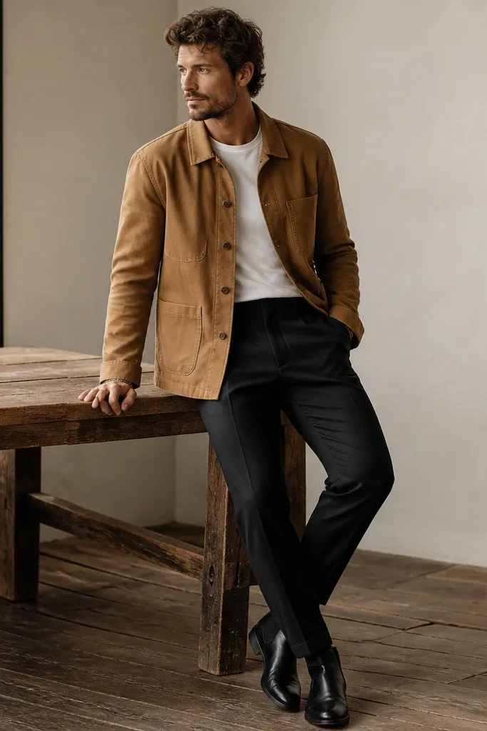A tan chore jacket over a white crew tee, paired with charcoal tapered pants and black leather boots; simple bracelet and no tie.