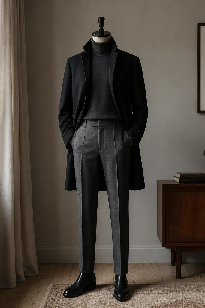 A charcoal turtleneck sweater under a dark coat, with tailored gray trousers and black Chelsea boots; the outfit is shown on a full-body mannequin in a compact room.