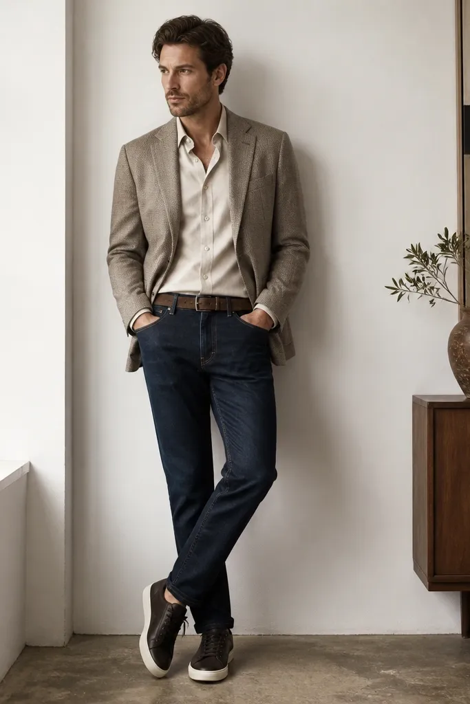 A stone-colored button-down tucked into dark indigo jeans with an unlined sport coat; brown suede belt and simple dark sneakers shown.