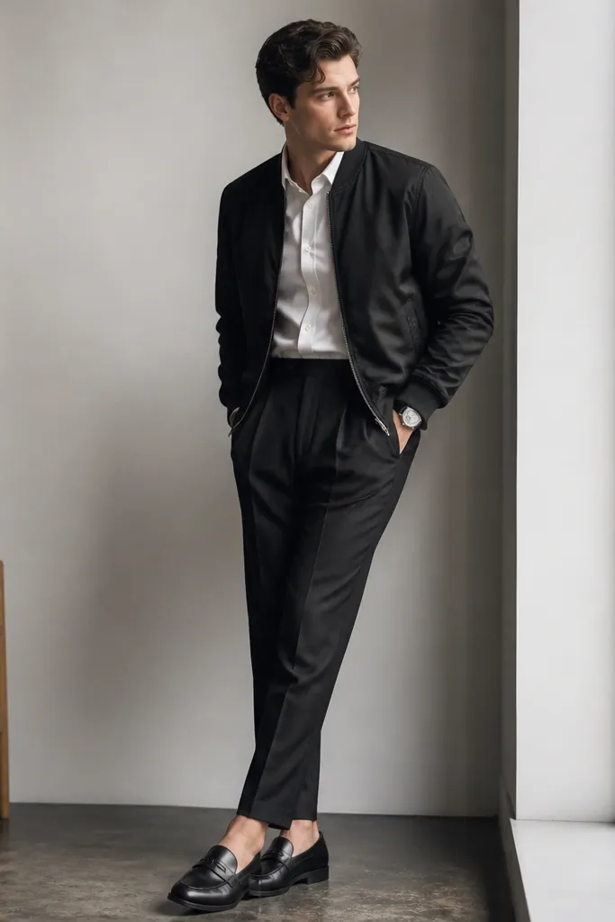 A black bomber jacket with a structured look over a white dress shirt, paired with tapered pleated trousers; sleek watch and loafers visible.