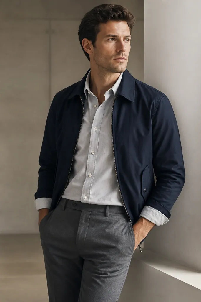A light gray dress shirt with sleeves slightly rolled, layered under a navy harrington jacket; straight-leg trousers in medium gray; minimal accessories.
