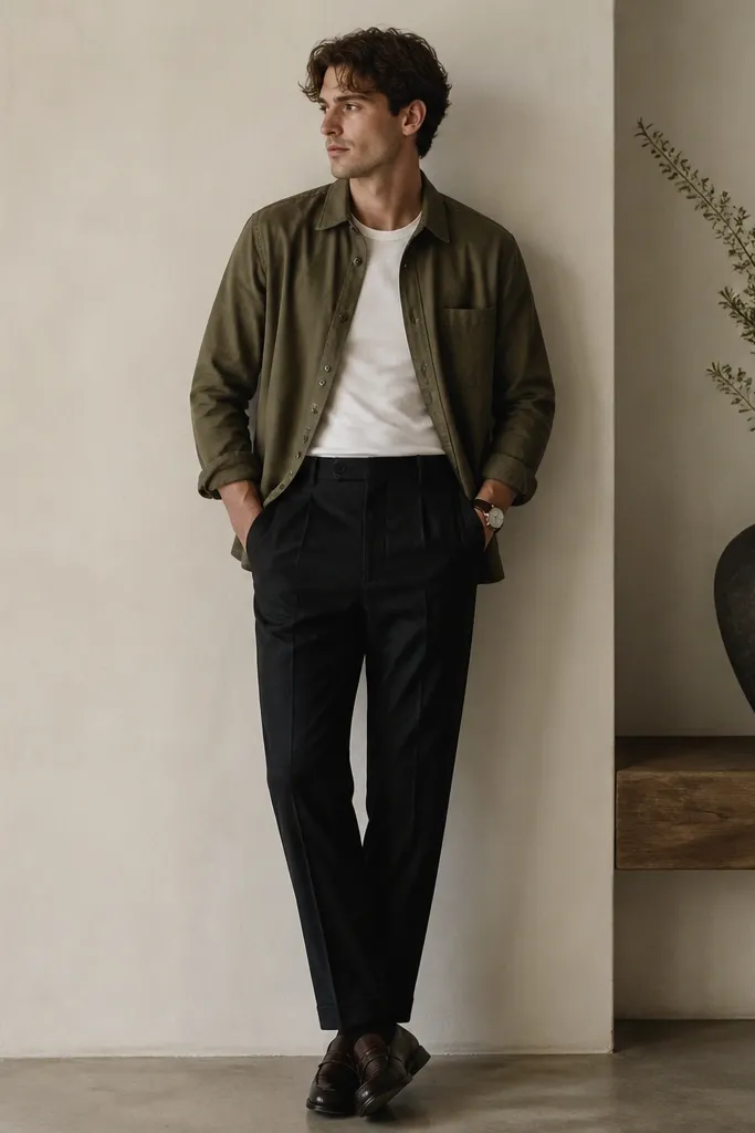 An olive overshirt over a fitted white tee with dark wool-blend trousers; looks styled with dark leather shoes and a simple wristwatch.