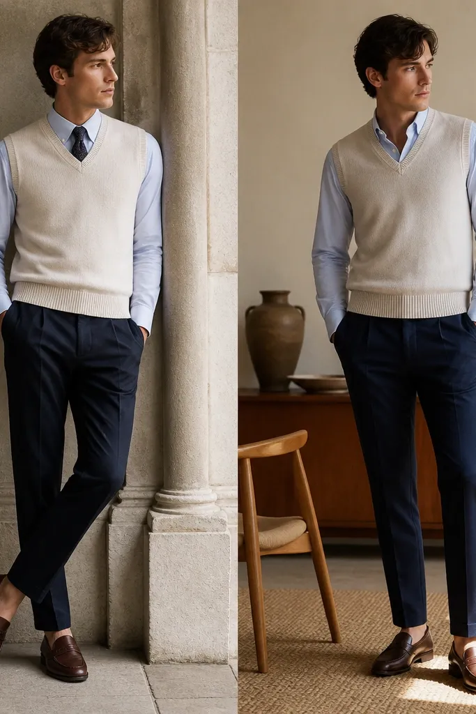 A cream sweater vest over a light blue button-down, paired with navy tapered trousers; brown loafers and a slim tie or tie-less neckline shown.
