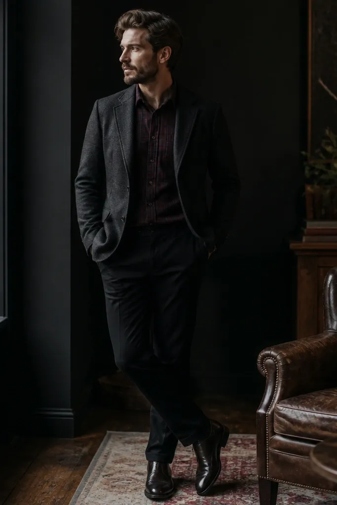 A burgundy flannel button-down under a charcoal blazer; black trousers and dark leather shoes; moody indoor lighting.