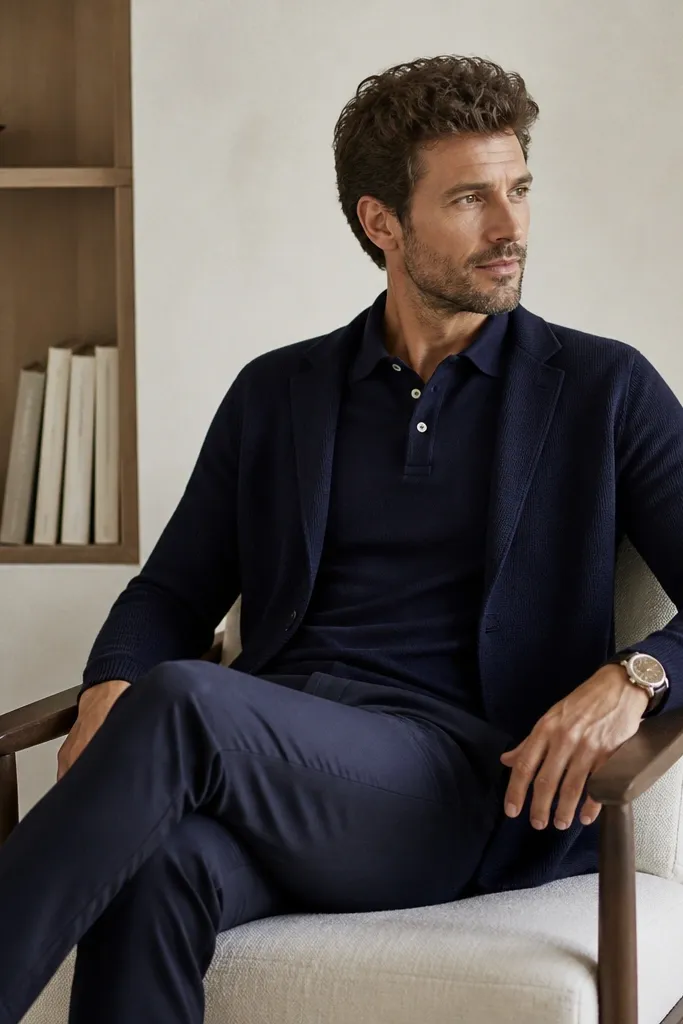 A structured navy polo with a neat collar, layered with a blazer-style cardigan, paired with dark chinos; loafers and a watch shown.
