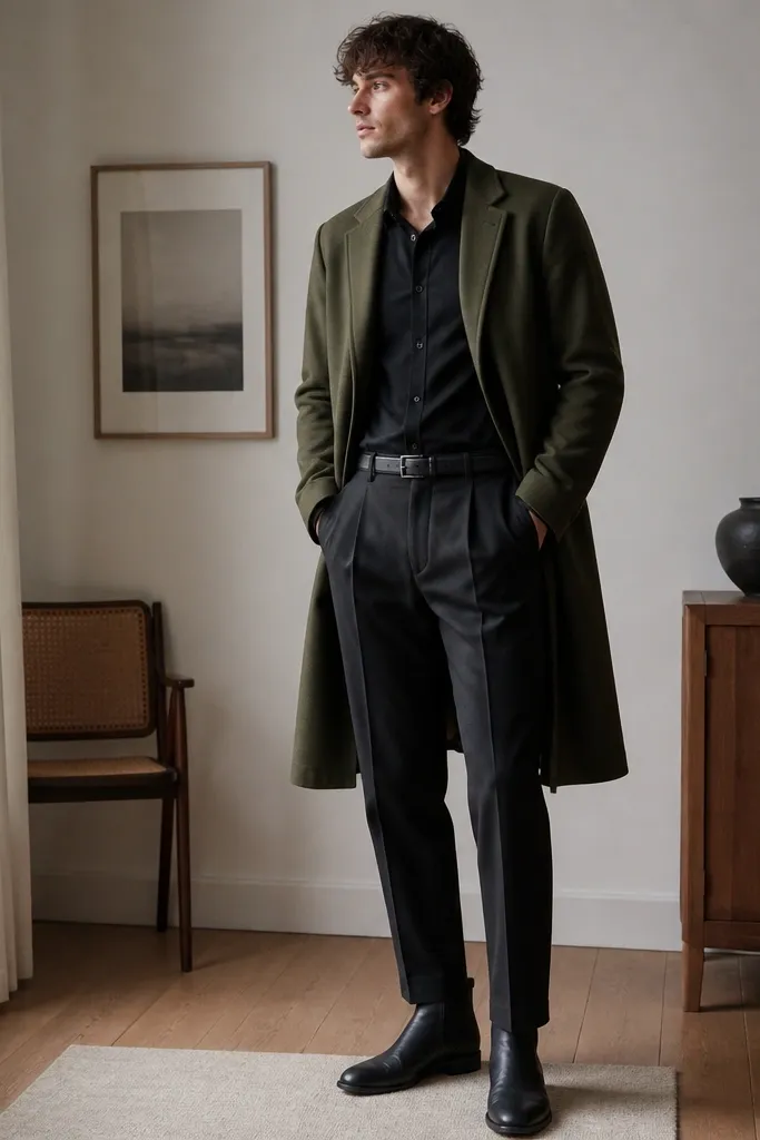 A black dress shirt tucked into black or charcoal trousers with an olive overcoat; styled with simple black boots; compact home backdrop.